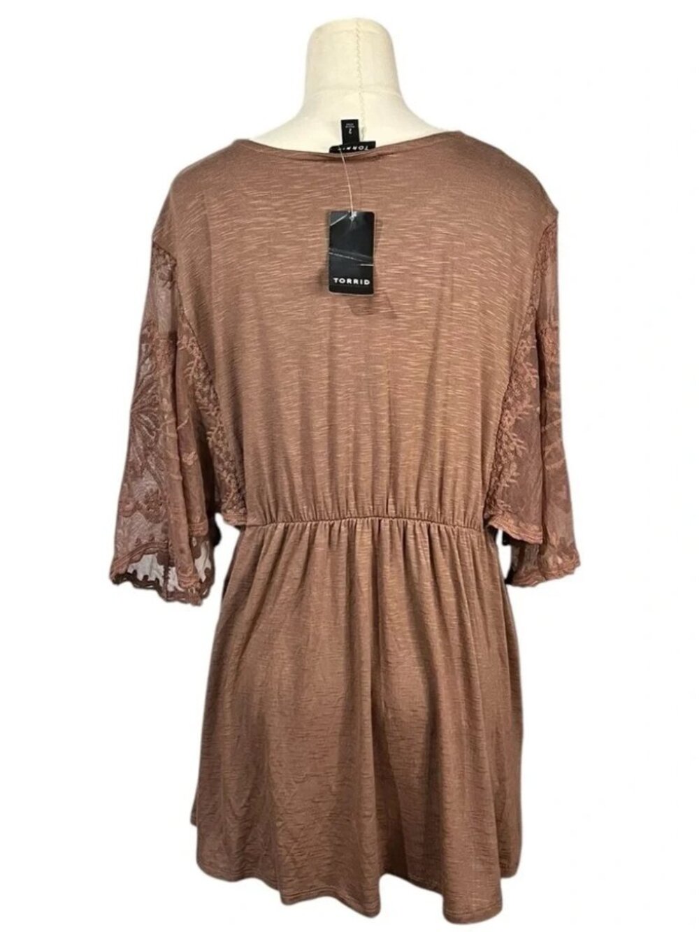 Torrid Knit Crew Neck Lace Dolman Sleeve Babydoll Top Brown 2 2X 18 20 -NWT - Picture 5 of 7